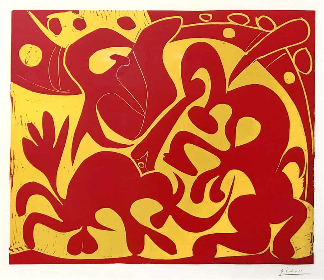 picasso color linocut la pique en rouge et jaune the bullfight in red and yellow 1959 for sale
